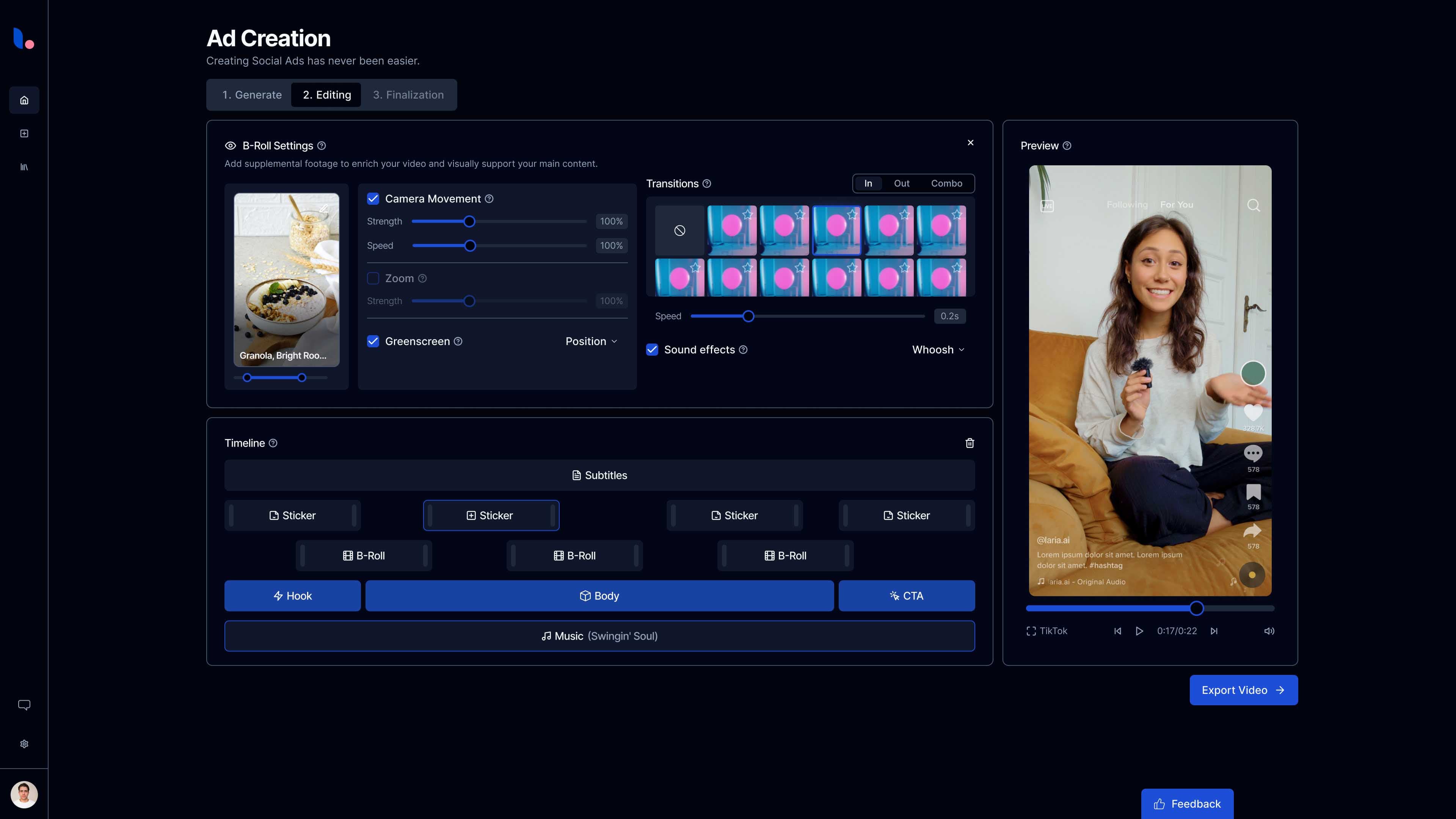laria AI Video Editing Interface