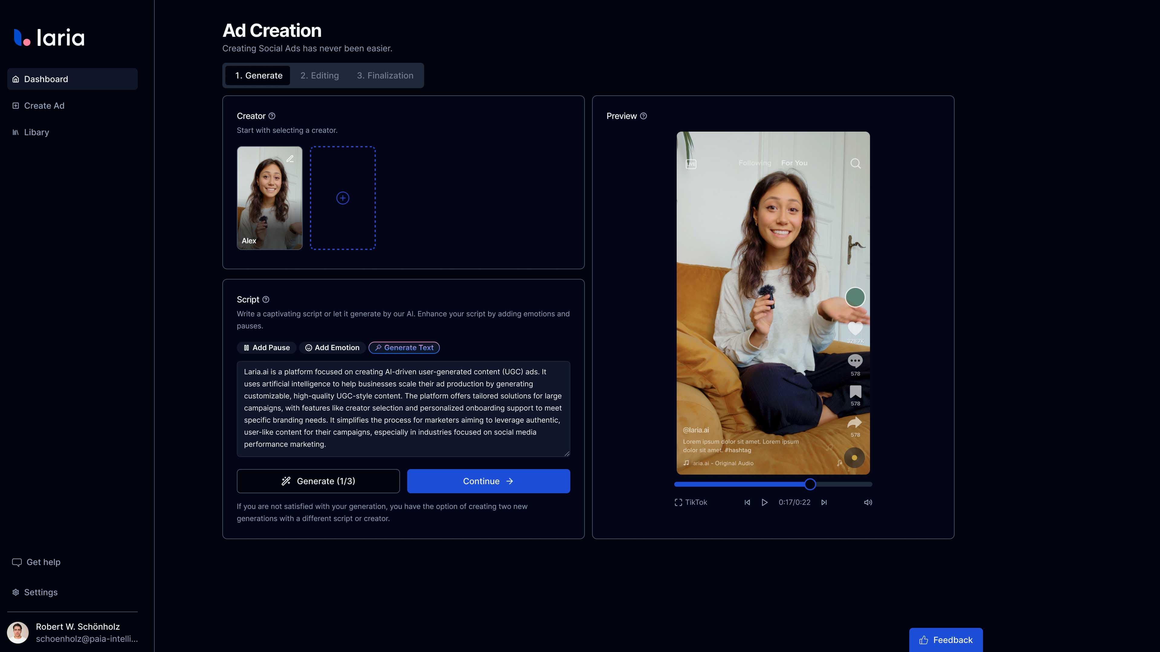 laria AI Script Editor Interface